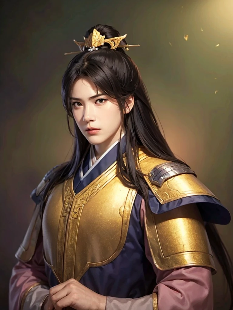 1 man in Han dynasty armor、There are exquisite patterns on the armor of the Han Dynasty、Beautiful boy、、whole body娇嫩的身体, Exquisite eyes、Long hair,、Hair accessories、Eternal,、whole body、Three Kingdoms、， Solid background, Smoky environment, Adds a touch of mystery and drama to the scene. Soft and even lighting, Cast soft shadows, Create an atmosphere of seriousness and focus.