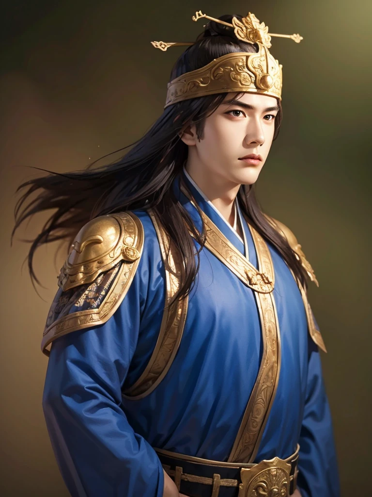 1 man in Han dynasty armor、There are exquisite patterns on the armor of the Han Dynasty、Beautiful boy、、whole body娇嫩的身体, Exquisite eyes、Long hair,、Hair accessories、Eternal,、whole body、Three Kingdoms、， Solid background, Smoky environment, Adds a touch of mystery and drama to the scene. Soft and even lighting, Cast soft shadows, Create an atmosphere of seriousness and focus.