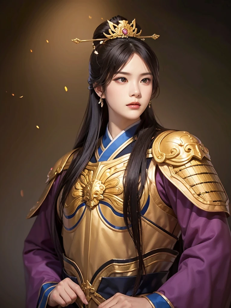 1 man in Han dynasty armor、There are exquisite patterns on the armor of the Han Dynasty、Beautiful boy、、whole body娇嫩的身体, Exquisite eyes、Long hair,、Hair accessories、Eternal,、whole body、Three Kingdoms、， Solid background, Smoky environment, Adds a touch of mystery and drama to the scene. Soft and even lighting, Cast soft shadows, Create an atmosphere of seriousness and focus.