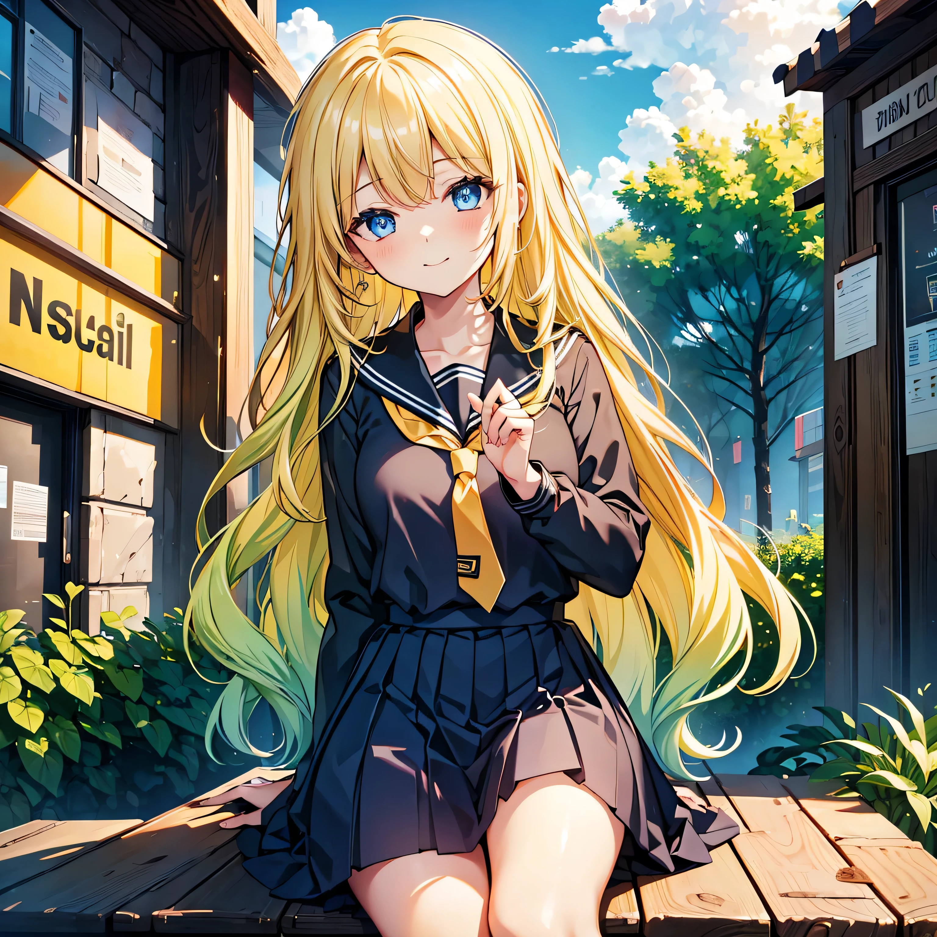 Woman gazing diagonally upwards, {{{Soft smile}}}, Black Sailor Suit, Long skirt, {{{{{Bright yellow long wavy hair}}}}}, Best Quality,Best image quality,Perfect Anatomy,masterpiece,Very detailedな,beautiful,super high quality, Best Quality,High resolution, Very detailed,Game CG,Dutch Angle ,Beautiful attention to detail,Visual Arts,Five fingers, Perfect hands,Hide your hands, {{{One Girl}}}, Beautiful detailed girls, Game CG, masterpieceアニメ，Best Quality, Very detailedな顔，Power Pro, Sugami Hisashi, {{{One Girl}}}, Blue Eyes, Female Manager, School grounds, Yellow tie, Sleepy smile, Knee-high portrait, Three-dimensional background, Multiple clouds,