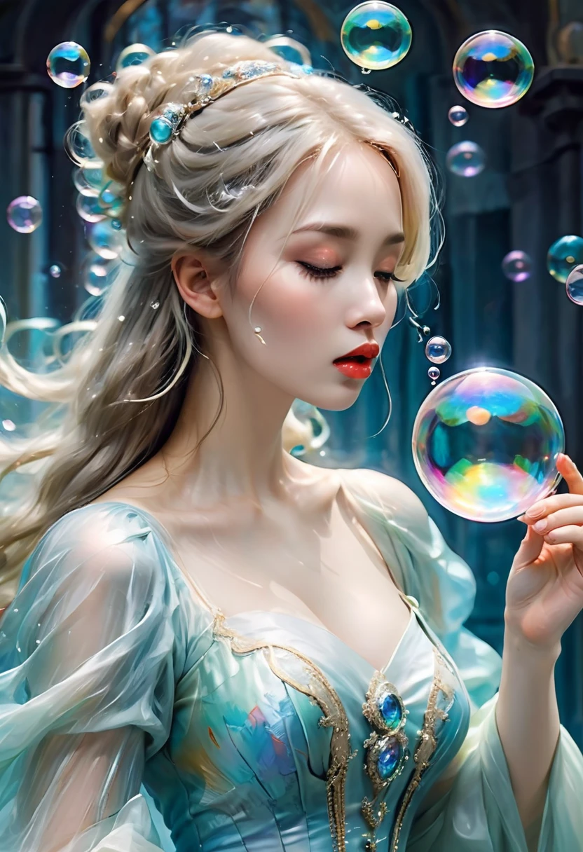 A painting of a woman in a dress blowing bubbles, Reusch and Wow, Mysterious Bubbles, Moebius + Reusch + Wow, Dreamy details, intricate Wow, A close-up fantasy using the magic of water, fairy tale artwork, Fairy tale painting, Anna Dittmann style, Wow art, Realistic fantasy painting, Artgerm Julie Bell Beeple