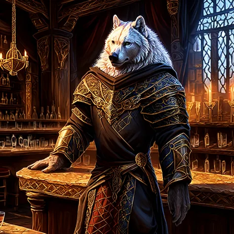 a majestic old wolf in a sorcerer's robe, a regal black bear in ornate armor, and a bartender white bear standing in front of a ...