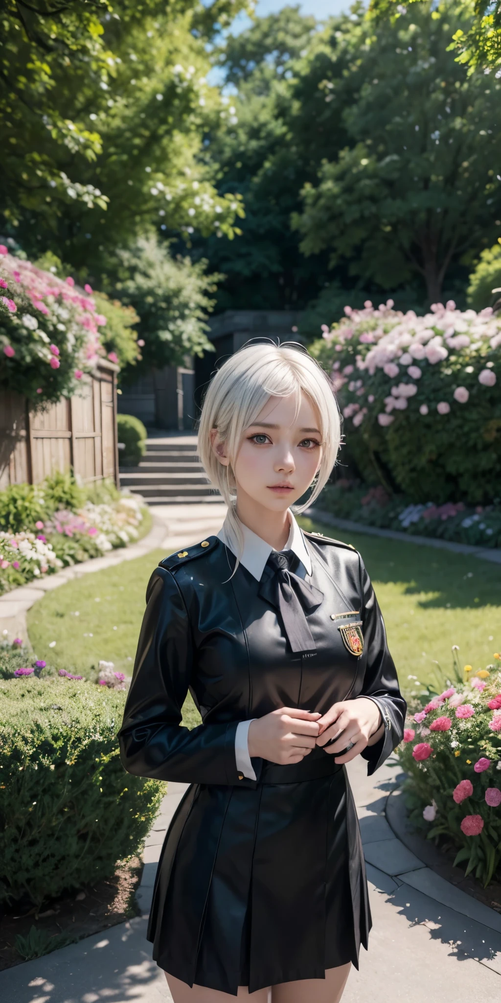 anime girl in uniform posing in a garden with flowers, a hyperrealistic schoolboy, hyperrealistic schoolboy, Ilya Kuvshinov landscape, Ilya Kuvshinov. 4K, seductive anime girl, realistic schoolboy, perfect white haired girl, artwork in guweiz style, Ross Tran. scenic background,  with short white hair, attractive anime girl