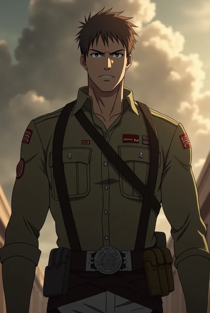 Season 1: Please create an Attack on Titans screenshot of a man with "brown" hair and "black" eyes. He is "stocky and with a well-trained body". With the character of "Reiner Braun". With a screenshot of the artwork from Mappa studio.