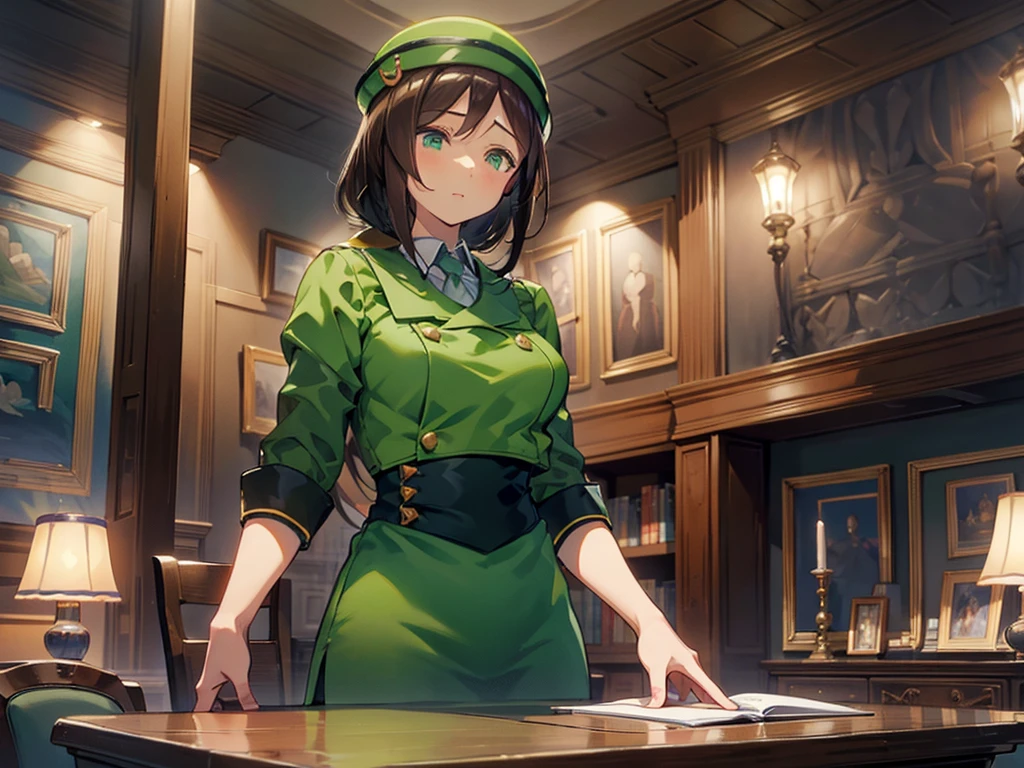 (​masterpiece, top-quality, hight resolution, Unity 8k, extremely details CG:1, Best Picture), ((upper body)), hayakawa tazuna, low ponytail, green headwear, green jacket, green skirt, pantyhose, Create an image of a single female character displayed in the center of a video game conversation screen. The background is a dimly lit room with a medieval or fantasy aesthetic, filled with detailed decorations like bookshelves, ancient artifacts, and softly glowing lamps. The character is shown from the shoulders up, standing with a neutral, emotionless expression. She is wearing simple yet elegant clothing with a muted color scheme, blending into the calm, ambient lighting. The character's face is devoid of any strong emotion, giving a detached and composed vibe. from front