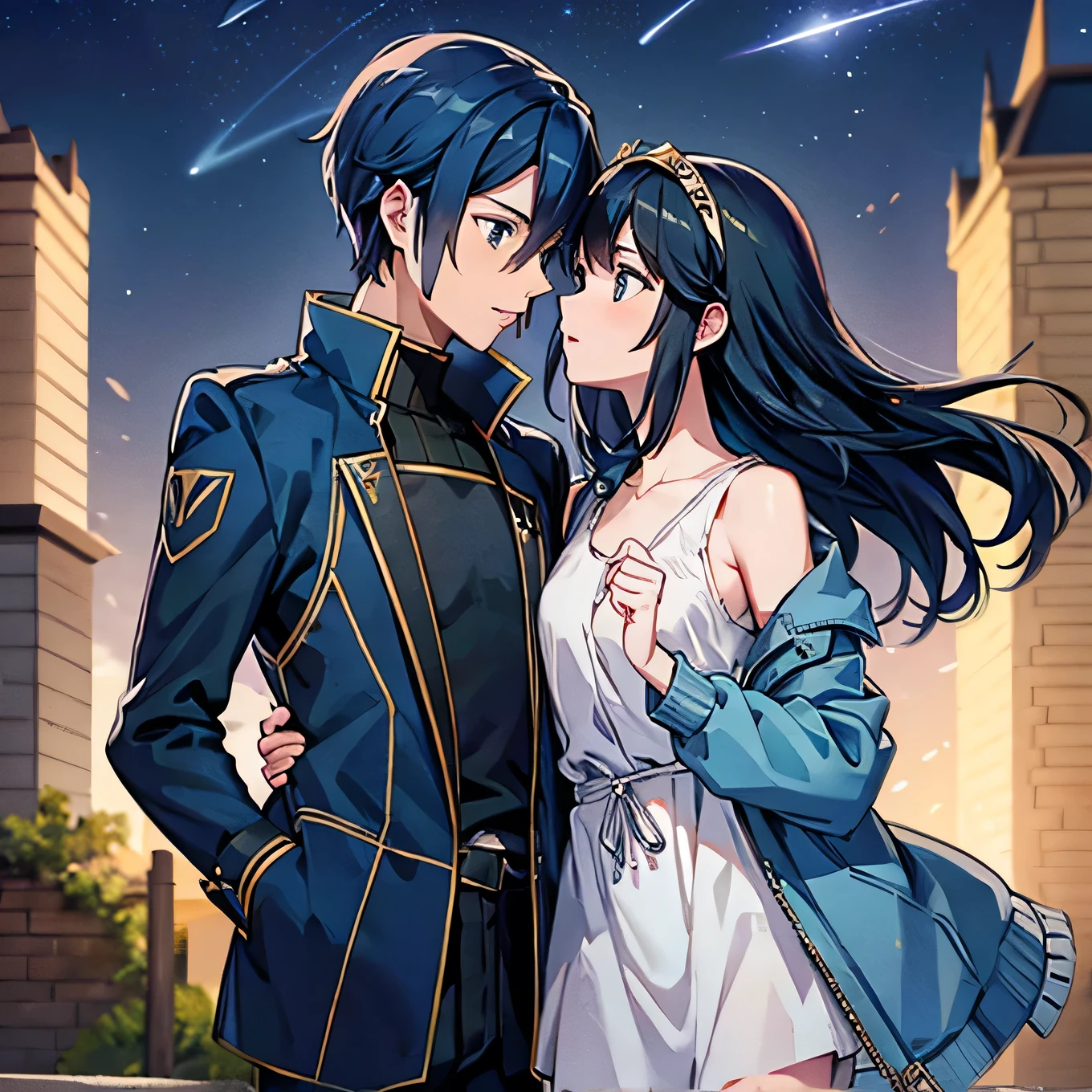 A girl with blue eyes and dark blue hair, blue blouse with yellow lines, tiara on her hair, pink panties affectionately kissing a boy with short black hair on the lips, ojos marrones, lentes, red jacket with a night castle behind them and shooting stars in the sky