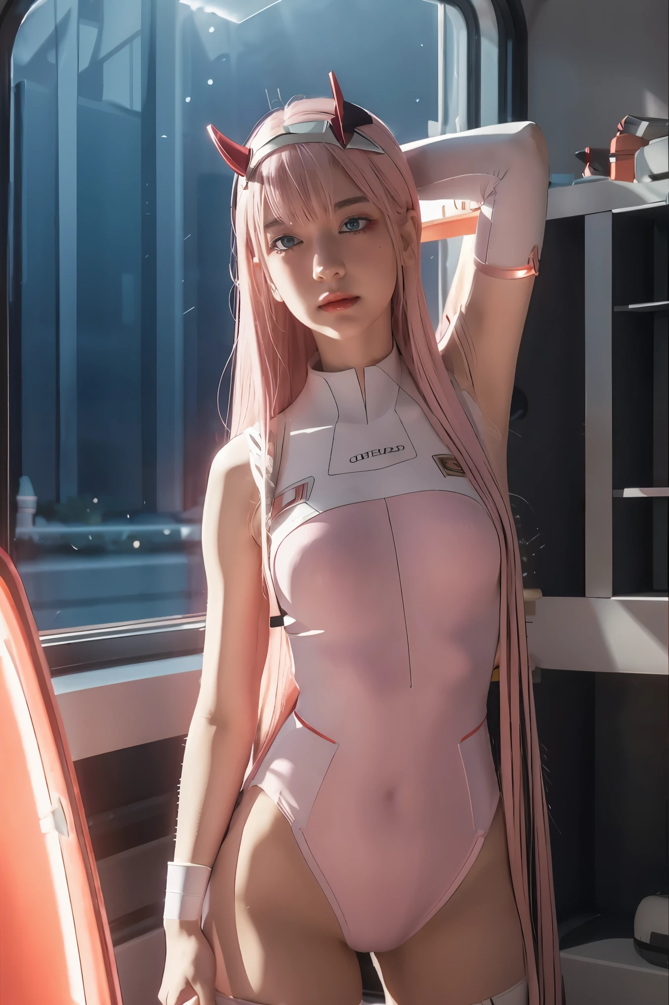 dynamic angle,ultra-detailed, illustration, straight on, 1girl, ((Zero two, interface headband with a pair of horns, red bodysuit:1.4, pink hair)), Her eyes shone like dreamy stars,(glowing eyes:1.233),(beautiful and detailed eyes:1.1),(expressionless, closed mouth),(standing), (mechanic room with tools and spaceship window in a white SPACESHIP), (night:1.2), dreamy, [[delicate fingers and hands:0.55]::0.85],(detail fingers), smirk,