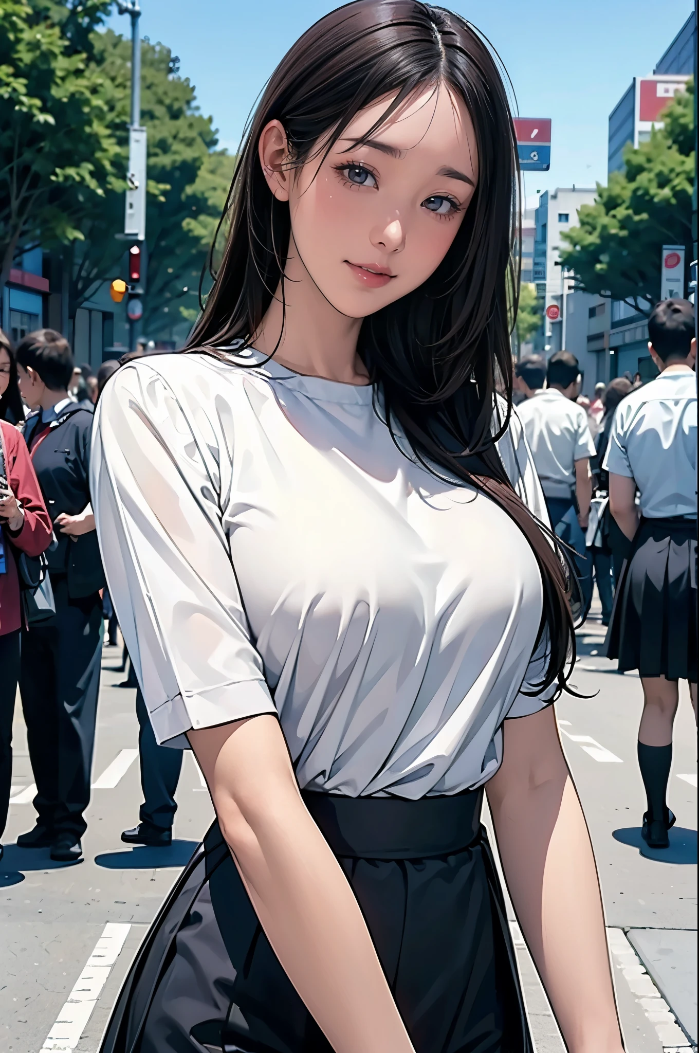 8k wallpaper, Highest quality, Very detailed, masterpiece, Realistic, ((Sharp focus:1.5)), 1 Cute girl in Japan, 20-year-old, ((Face Focus)), Large Breasts, (((Roll up the skirt yourself))), (I lifted it myself), panties, panties focus, blush, Lips parted, View your viewers, Half Body Shot, (crowd), (crowded city), long, straight black hair, A kind smile,