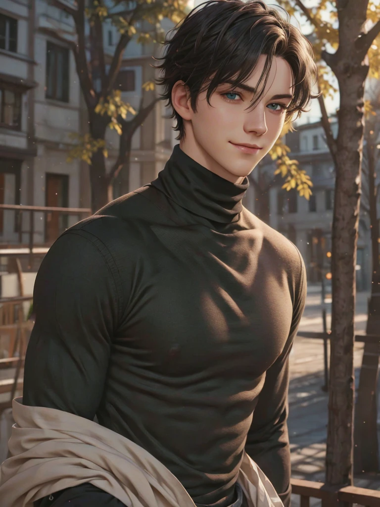 (best quality), 1boy, pale skin, black hair, medium hair, curtain hair, tousled hair, green eyes, perfect eyes, dark circles under eyes, handsome, light smile, attractive, turtleneck sweater, masterpiece, anatomically correct, highres
