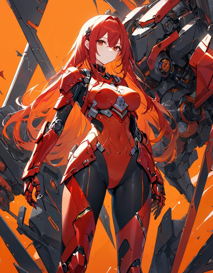 1girl, long sharp red hair with orange inner hair, slim mech body suit ...