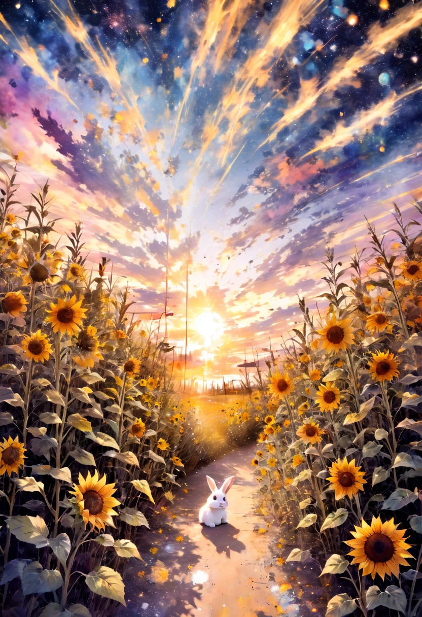 rabbit, sunflower, Sunflower fields all around, masterpiece, best quality, hyper detailed, insanely detailed, Full-HD, 16k, absurdres, gigantic scale, golden ratio, wide-angle lens, the galaxy, landscape, in the space, in the style of intricate, vibrant academia, pastel academia, soft surface, dreamy watercolor, splatter watercolor, from above, warm lighting, pinhole camera, deep focus, depth of field