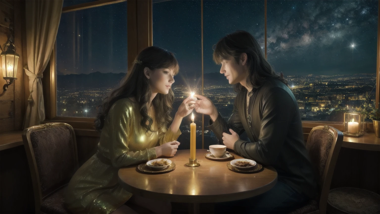 Fantasy style illustration of a couple in love in a cozy cafe having a candlelit dinner, wearing a dark gold tunic and shirt with shiny luminous sequins, luminous gold threads woven into the woman's long curly hair, neat bangs, epic luminous scene, dynamic poses, bright colors, mystery, mysticism, hd. Sparkling lights in the windows of small neat houses, starry sky. High-quality video, realism, cinematic lighting, god rays, reflected light, backlight, general plan, from above, atmospheric perspective, panorama, wide angle, ultra wide angle, 360 degree view, UHD, masterpiece, accurate, anatomically correct, super detail, high detail, high quality, best quality, high definition, HD