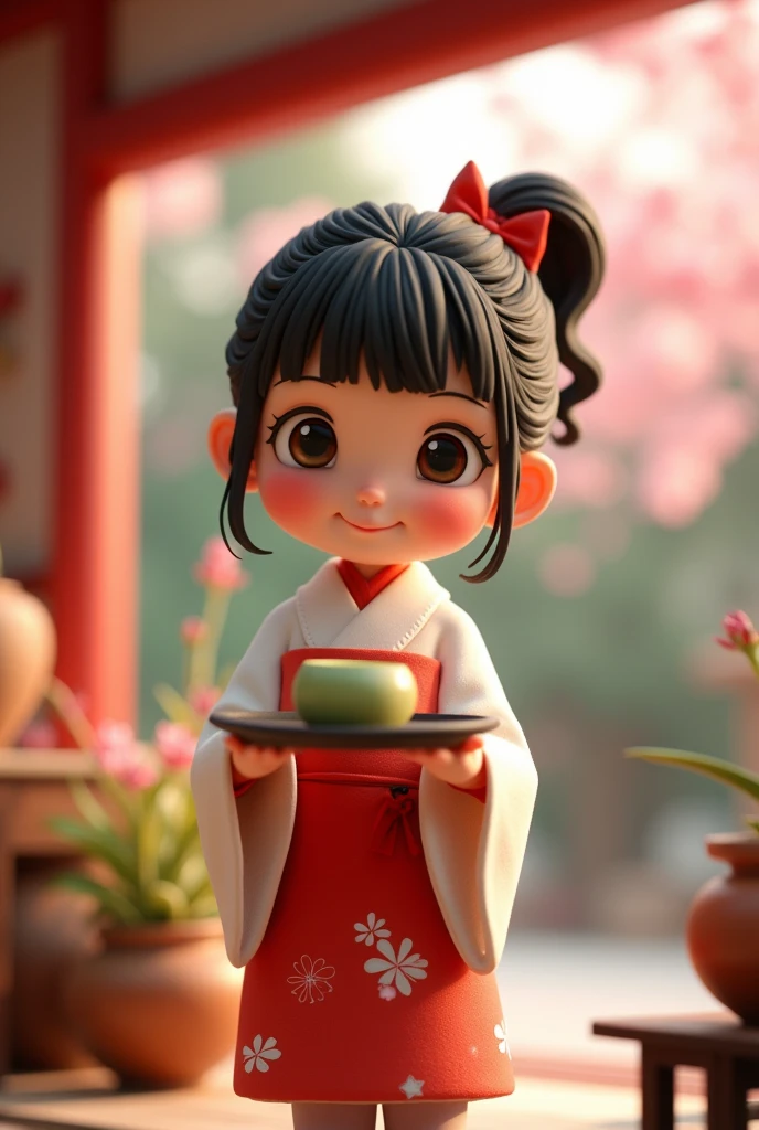 Digital art, cinematic composition, stop motion, clay animation, miniature, full body shot , a cute young girl wearing kimono holding tray with a matcha teacup, smiley she has beautiful big eyes, pink hue cheek, she has short ponytail with big red ribbon, sunlight, Sakura trees, Japanese tea shop background, vivid light