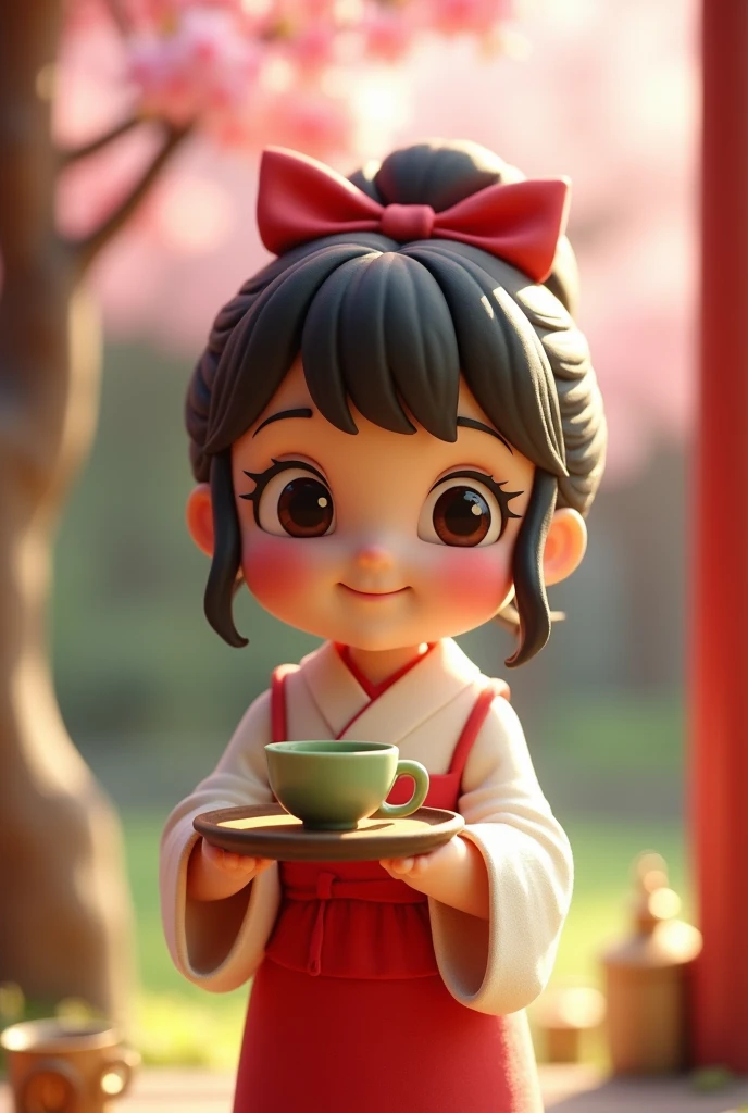 Digital art, cinematic composition, stop motion, clay animation, miniature, full body shot , a cute young girl wearing kimono holding tray with a matcha teacup, smiley she has beautiful big eyes, pink hue cheek, she has short ponytail with big red ribbon, sunlight, Sakura trees, Japanese tea shop background, vivid light