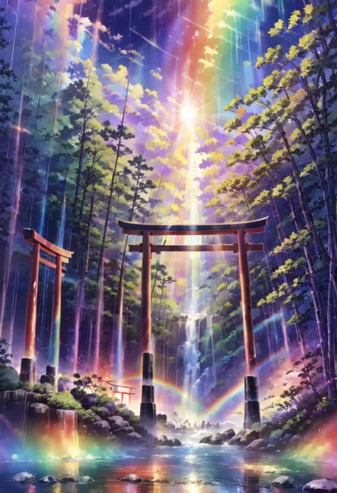 rainbow色、rainbow、rainbow色の世界、sun，dazzling light，light，shine，torii，waterfall，streaks of light，high resolution, high resolution, 8...