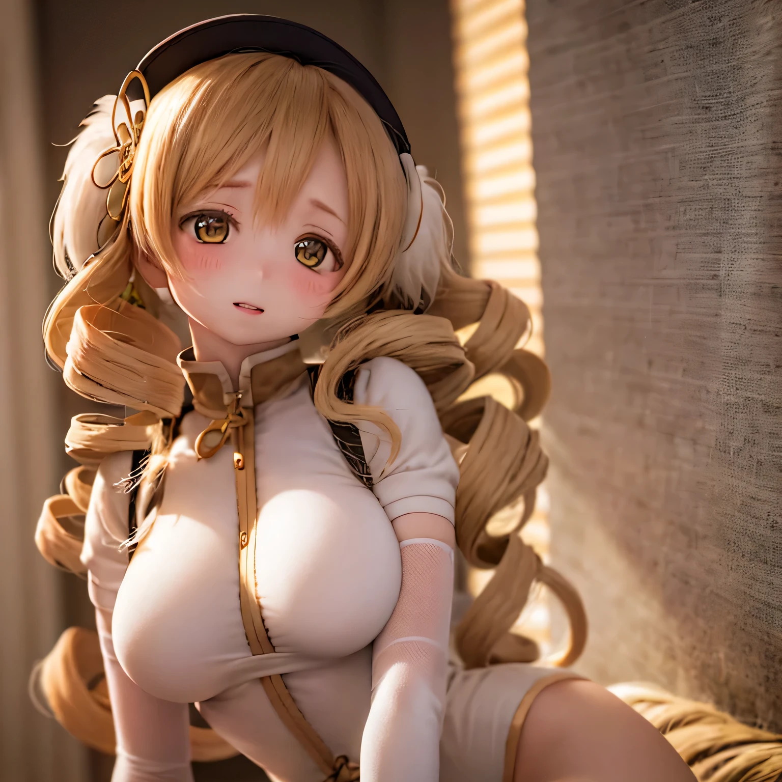 elegant woman with exquisite, expressive eyes, flawless face, long golden hair, golden eyes, pink lips, attention to detail, anime style, bright colors, cute, full and sensual lips, curvaceous and sensual body, blushing (nude) V-arm, look back over the shoulder Mami Tomoe's hairstyle