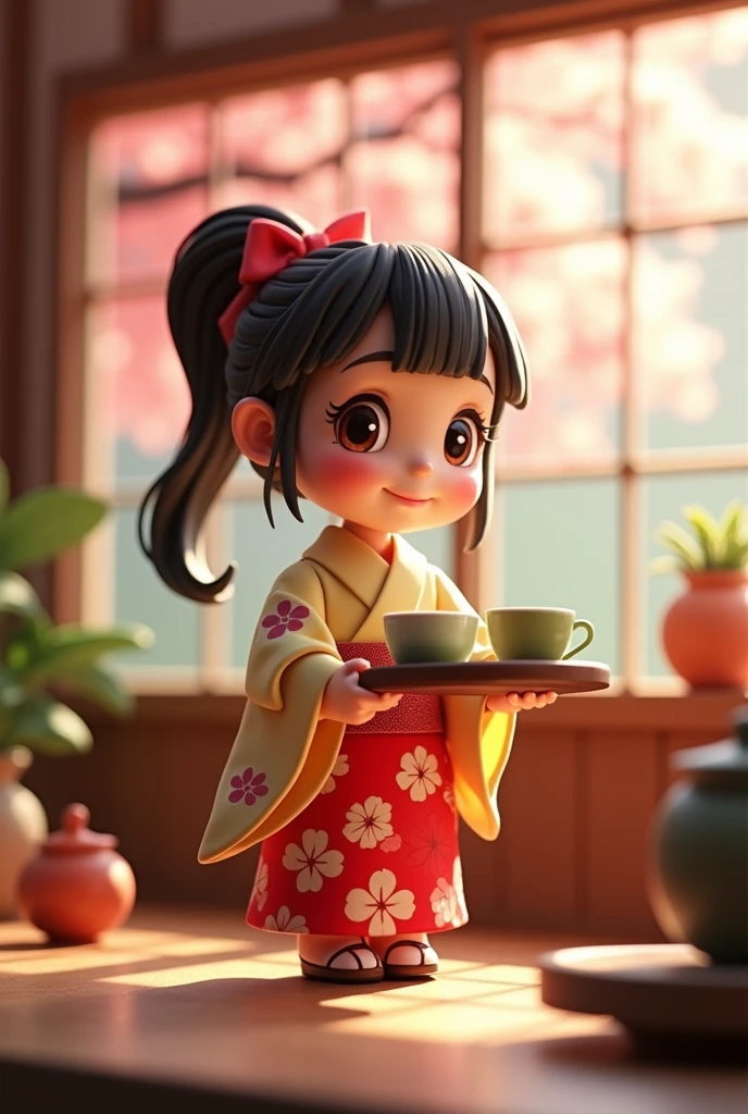 Digital art, cinematic composition, stop motion, clay animation, miniature, a cute young girl wearing kimono holding tray with a matcha teacup, smiley she has beautiful big eyes, pink hue cheek, she has short ponytail with big red ribbon, sunlight, Sakura trees, Japanese tea shop background, vivid light