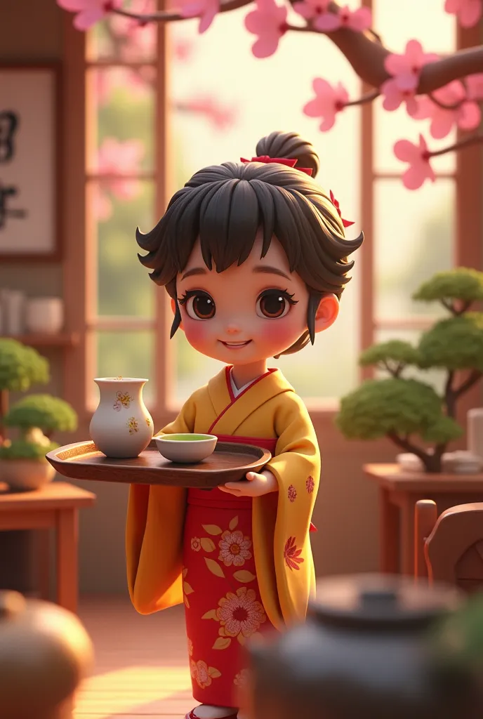 Digital art, cinematic composition, stop motion, clay animation, miniature, a cute young girl wearing kimono holding tray with a matcha teacup, smiley she has beautiful big eyes, pink hue cheek, she has short ponytail with big red ribbon, sunlight, Sakura trees, Japanese tea shop background, vivid light