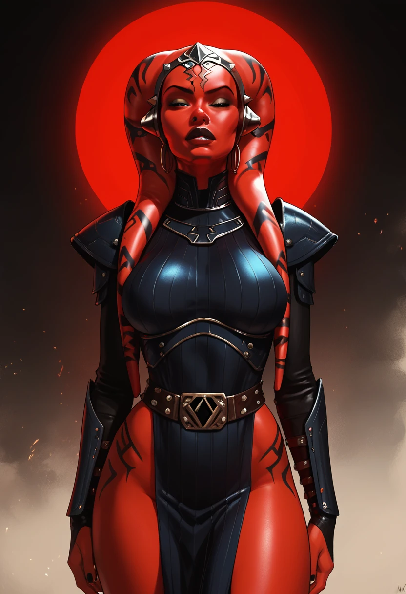 (best quality, masterpiece, highly detailed), 1girl, (red skin), sexy busty Twi’lek, sleek black Sith armor, futuristic plate armor, helmet, breastplate, pauldrons, bracers, large breasts, long flowing pelvic curtain, Star Wars, lekku stripes, raised eyebrow, tall, toned, athletic, strong.  Dual red lightsabers.