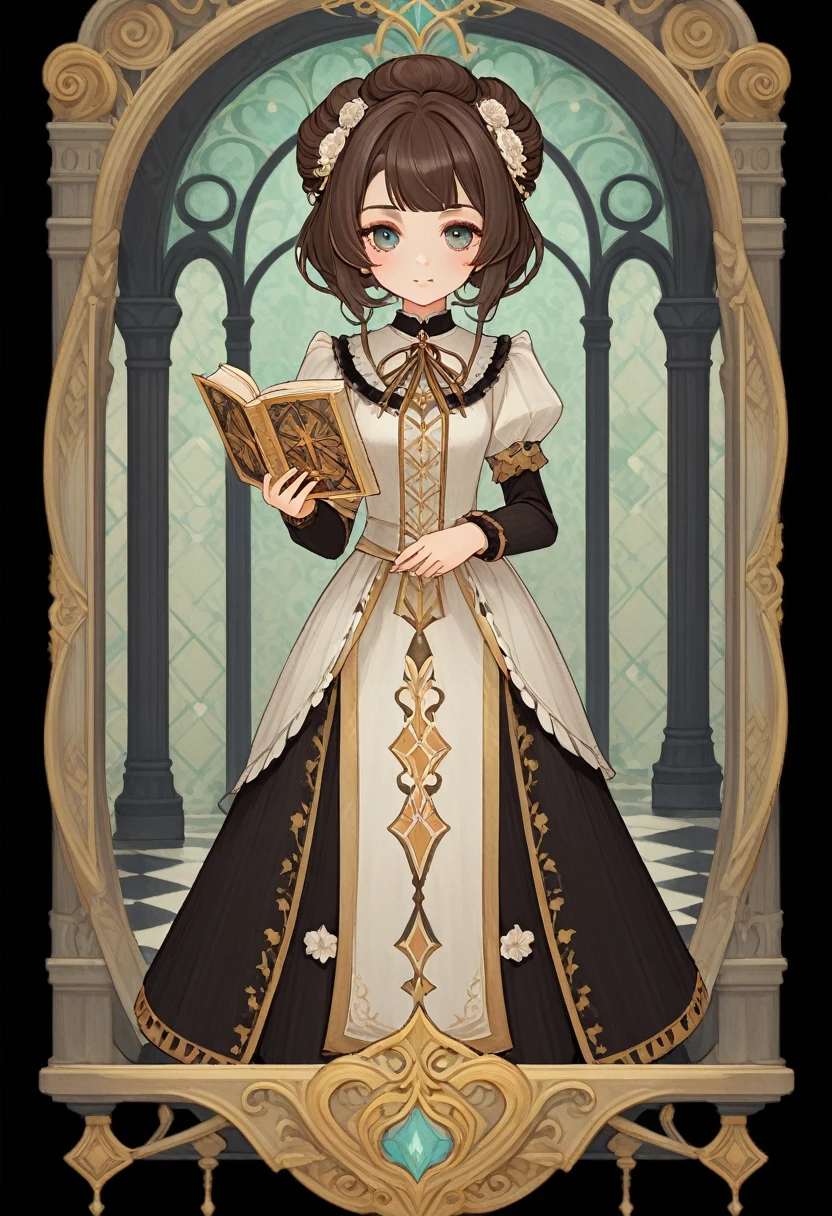 1 little girls, Holding a book, Lolita costume, Full body standing painting, (((solo))), Clear facial features, Simple line design, ((tarot card background, symmetric beauty)), perfectly symmetrical, The art of symmetry, Standing drawings of characters, ((flatcolors)), tmasterpiece，top Quority，best qualtiy，Ultra-high resolution, ((Clear facial features，beautidful eyes，beauitful face, Exquisite facial features))