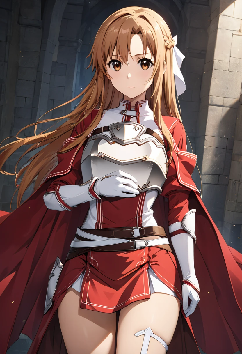 Best Quality、unity 8k wallpaper、32K、masterpiece、Very detailed、Ultra-high resolution、Very detailedな顔, RAW Photos, professional, Ultra-fine painting,　Platinum tiara with red gemstones、(((Red Nun Cape)))、( 20～Female magical warrior,White and gold breastplate, Yuuki Asuna, brown eyes, brown hair, long hair, bangs, braid
Yuuki Asuna, blue eyes, Red and white leotard、(((With side armor and long slits、Tight skirt decorated with red and white gold)))、Short puff sleeves with shoulder pads、A large white ribbon with a large sapphire on the chest、White and red long gloves、White and red thigh-high stiletto boots、whole body、