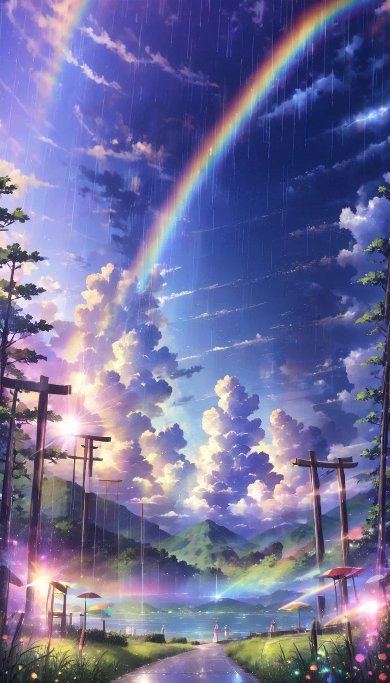 Beautiful sky, Beautiful Clouds, rain，grassland，(Crystal clear rain sparkles in the sky), masterpiece,High resolution,Wide-angle lens,rainbow色、rainbow、rainbow色の世界、sun，Dazzling Light，Light，Shine，torii，waterfall，Streaks of Light，High resolution, High resolution, 8k, masterpiece 2:1,16k, 超High resolution, 超High resolution, Born,wonderful ,future、rainbow色の、The world 30 years from now。