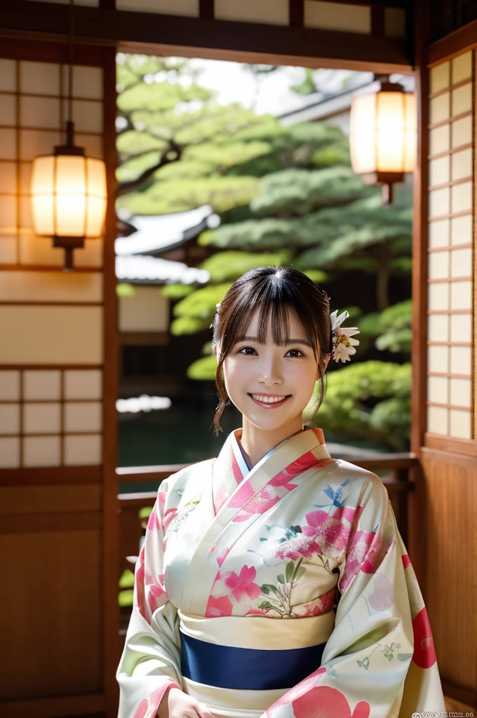 8k、High definition、Ultra Detail、Photorealistic、High resolution、Realistic and accurate depiction、Realistic and accurate human anatomy、Best Quality、Japanese women 、beautiful girl、(((JPGND))), (((kimono))), ((Best Quality、8k傑作:1.3))、(Super beautiful face:1.0)、(Glowing Skin:1.0)、Realistic photos、Perfect dynamic composition, Video Lighting、High resolutionの目と顔、One of the Japanese, Pure beauty, cute, elegant, kimono, smile, ,A long-established inn in Kyoto, Japanese Garden, Luxurious Japanese-style room, 振り返ってsmile