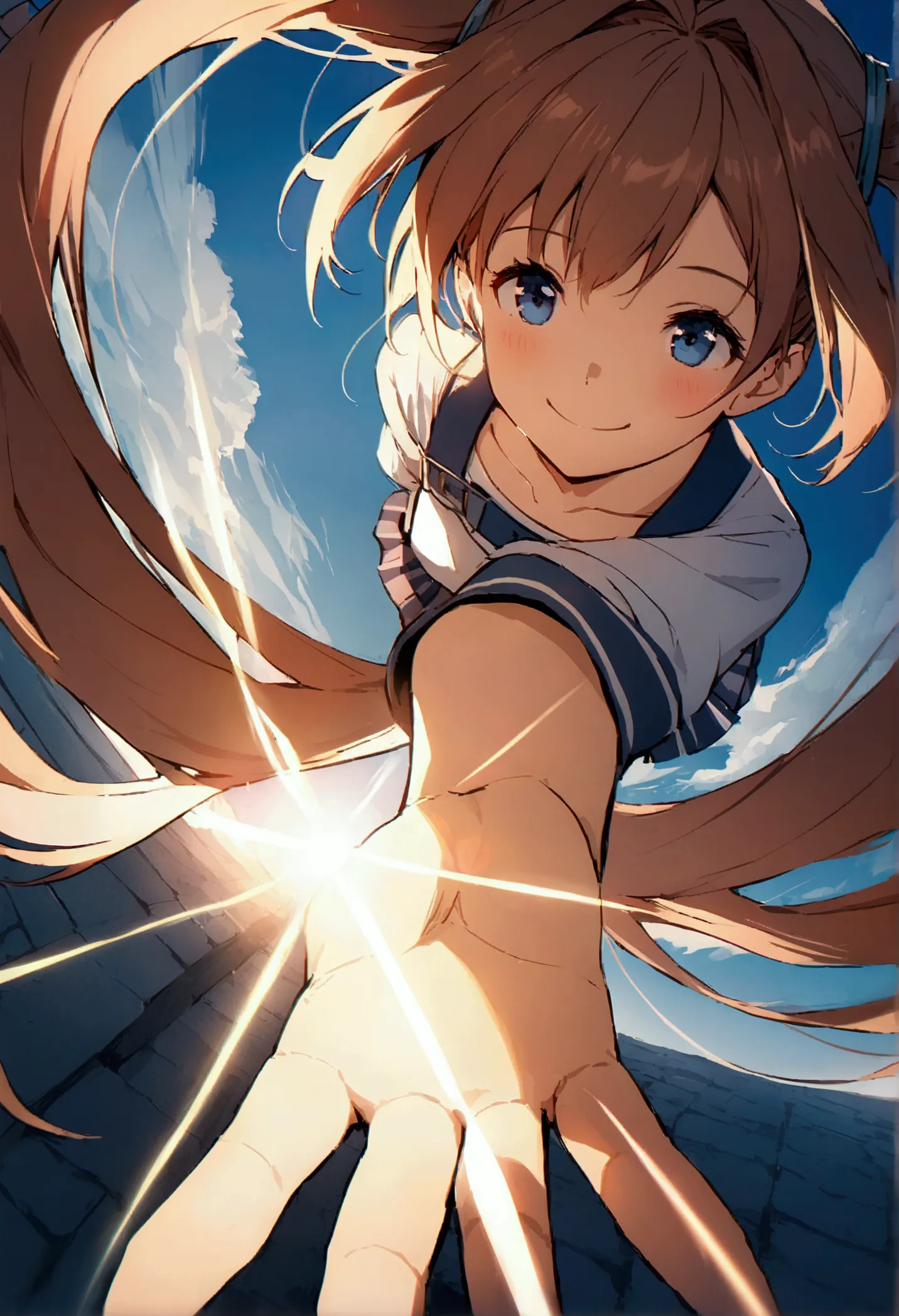 hairstyle: long twin tails、background is sky、high image quality、reaching out、atmospheric perspective、lens flare、blue sky、smile