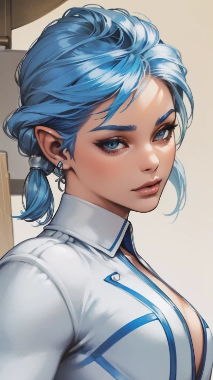 (masterpiece, best quality:1.2), highly detailed, illustration, close up, mature woman, pointed ears, blue hair, side cut, brais, seductive expression, dark tan skin, flat chest, feminine white suit,