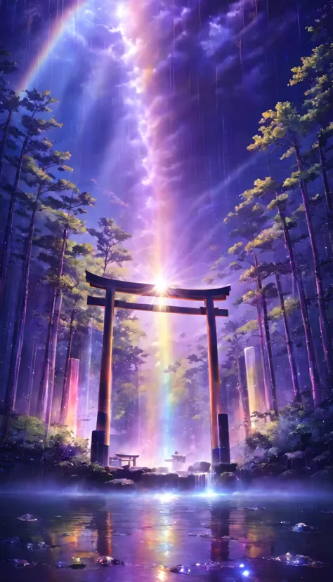 rainbow色、rainbow、rainbow色の世界、sun，dazzling light，light，shine，torii，waterfall，streaks of light，high resolution, high resolution, 8...