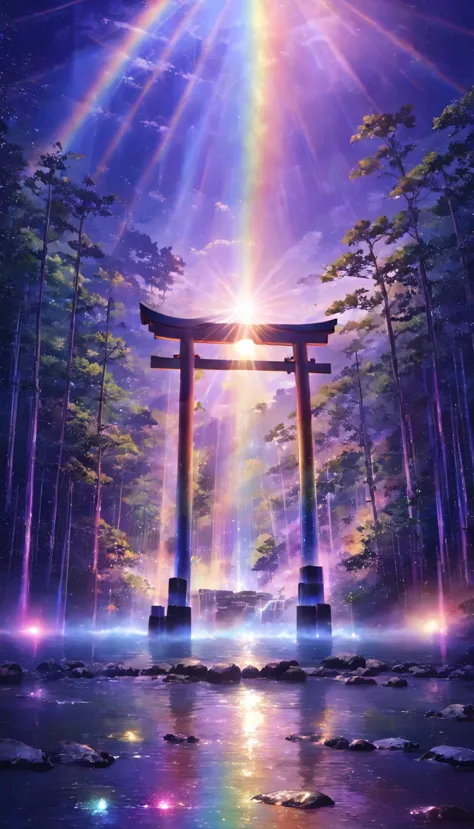 rainbow色、rainbow、rainbow色の世界、sun，dazzling light，light，shine，torii，waterfall，streaks of light，high resolution, high resolution, 8...