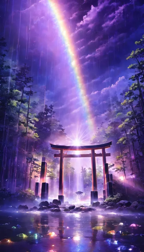 rainbow色、rainbow、rainbow色の世界、sun，dazzling light，light，shine，torii，waterfall，streaks of light，high resolution, high resolution, 8...