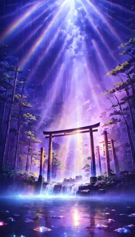 rainbow色、rainbow、rainbow色の世界、sun，dazzling light，light，shine，torii，waterfall，streaks of light，high resolution, high resolution, 8...