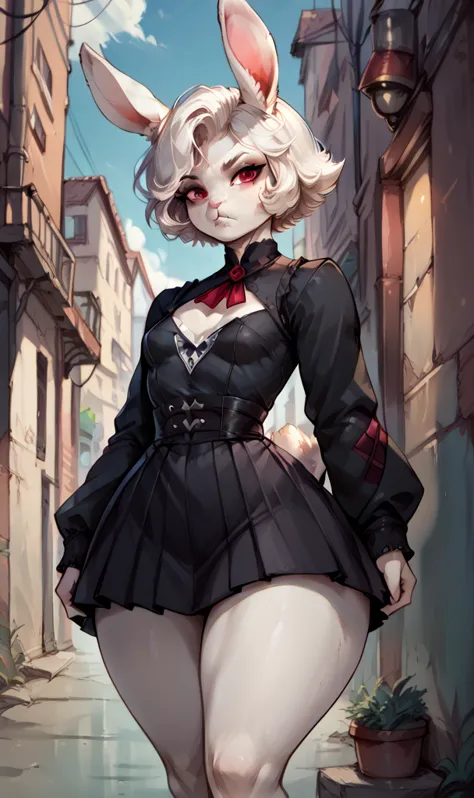 anthropomorphic rabbit woman, short fluffy white hair, white rabbit, small breasts, attractive, (gothic clothes), shapely body, ...