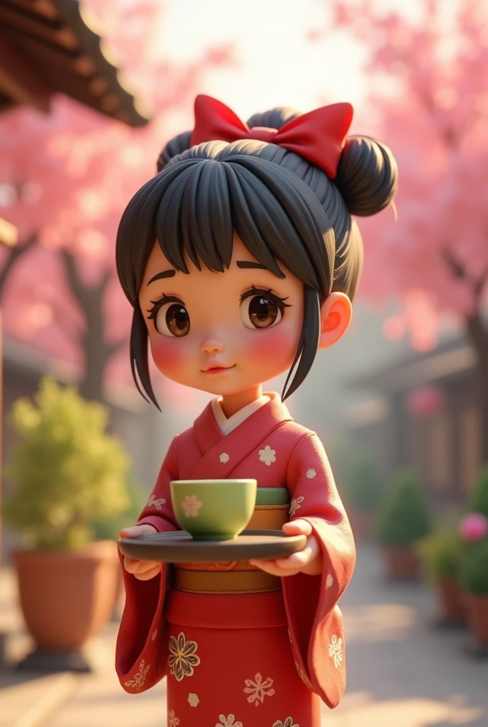 Miniature, Digital art, cinematic composition, stop motion, clay animation, a cute young girl wearing kimono holding tray with a matcha teacup, smiley she has beautiful big eyes, pink hue cheek, she has short ponytail with big red ribbon, sunlight, Sakura trees, Japanese tea shop background, vivid light