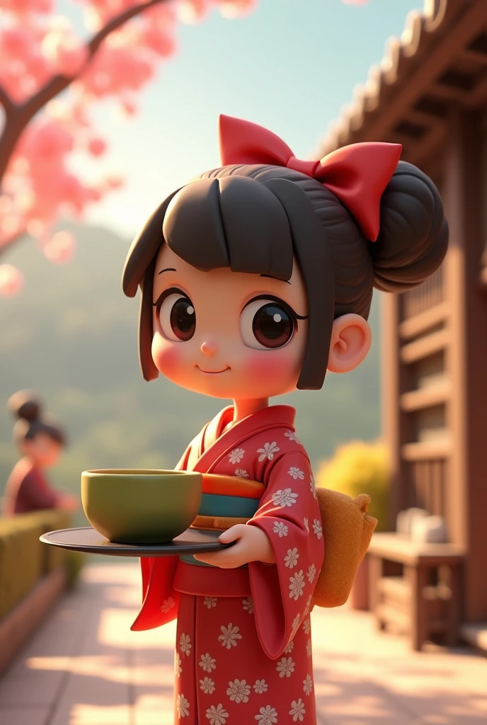 Miniature, Digital art, cinematic composition, stop motion, clay animation, a cute young girl wearing kimono holding tray with a matcha teacup, smiley she has beautiful big eyes, pink hue cheek, she has short ponytail with big red ribbon, sunlight, Sakura trees, Japanese tea shop background, vivid light