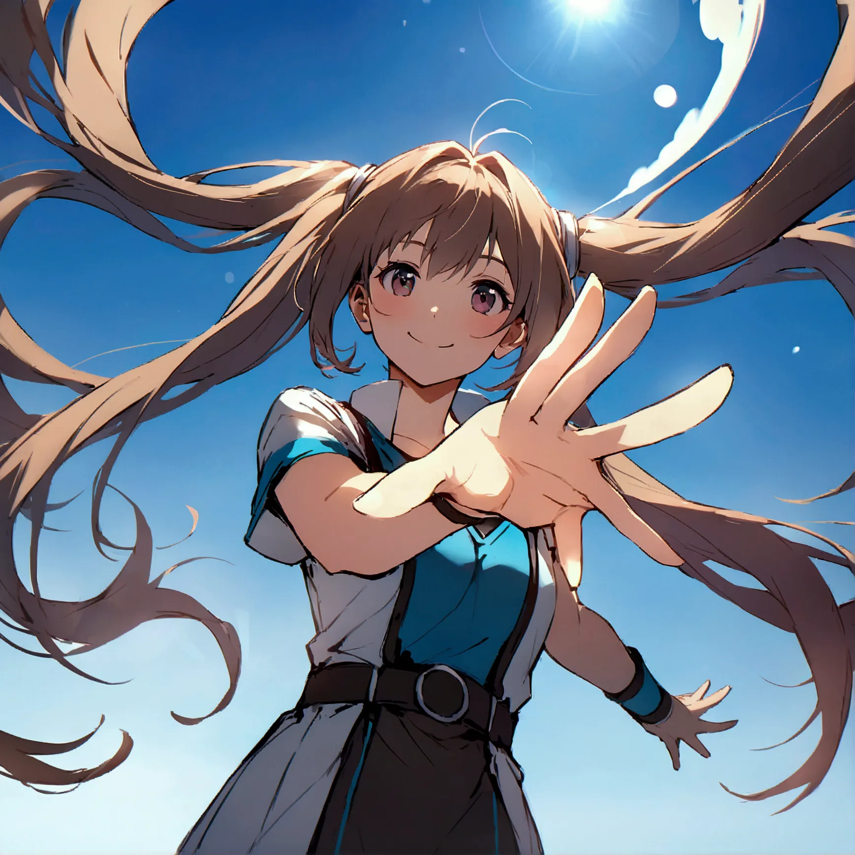 hairstyle: long twin tails、background is sky、high image quality、reaching out、atmospheric perspective、lens flare、blue sky、smile