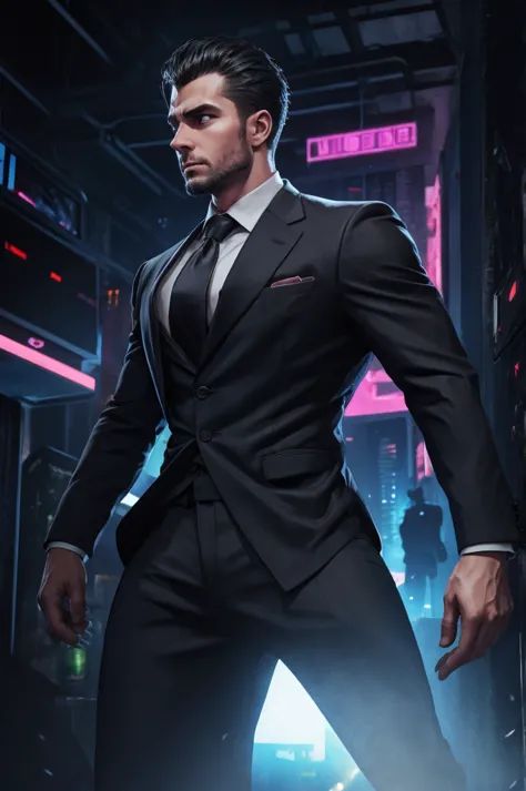 business man, blackground black, formal, cyberpunk