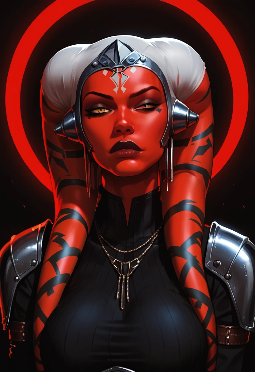 (best quality, masterpiece, highly detailed), 1girl, (red skin), sexy busty Twi’lek, sleek black Sith armor, helmet, breastplate, pauldrons, bracers, large breasts, long flowing pelvic curtain, Star Wars, lekku stripes, raised eyebrow, tall, toned, athletic, strong.  Dual red lightsabers.