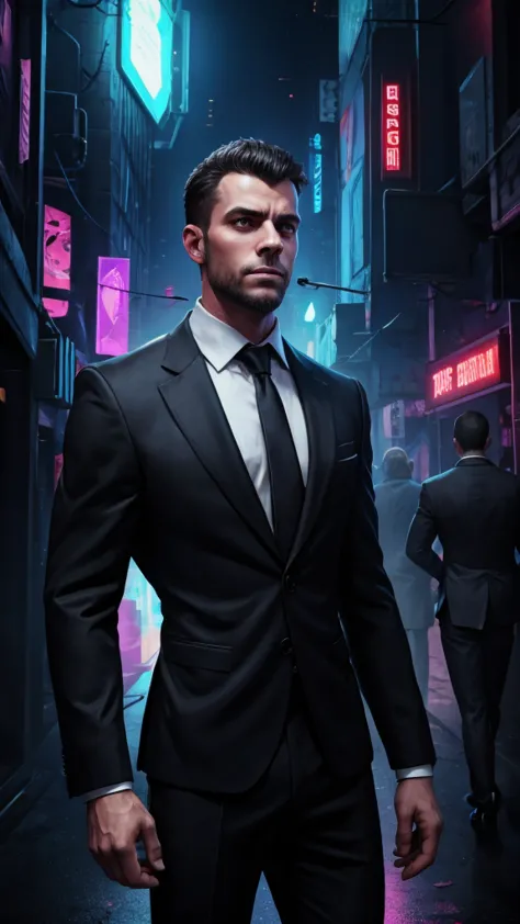 business man, blackground black, formal, cyberpunk