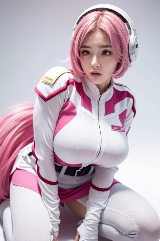 Detailed Expression, Neon colored hair, helmet(Thick pink line on a white background), Earth Federation Army Uniform, uniform(Thick pink line on a white background), Uniform skirt(Thick pink line on a white background), Super huge breasts, colored inner hair, 1 female, sad, mouth hold, crying, endured face, The clothes are dirty and torn, kneel, Surrealism, masterpiece, 8k, super detail, super detail, textured skin, high details