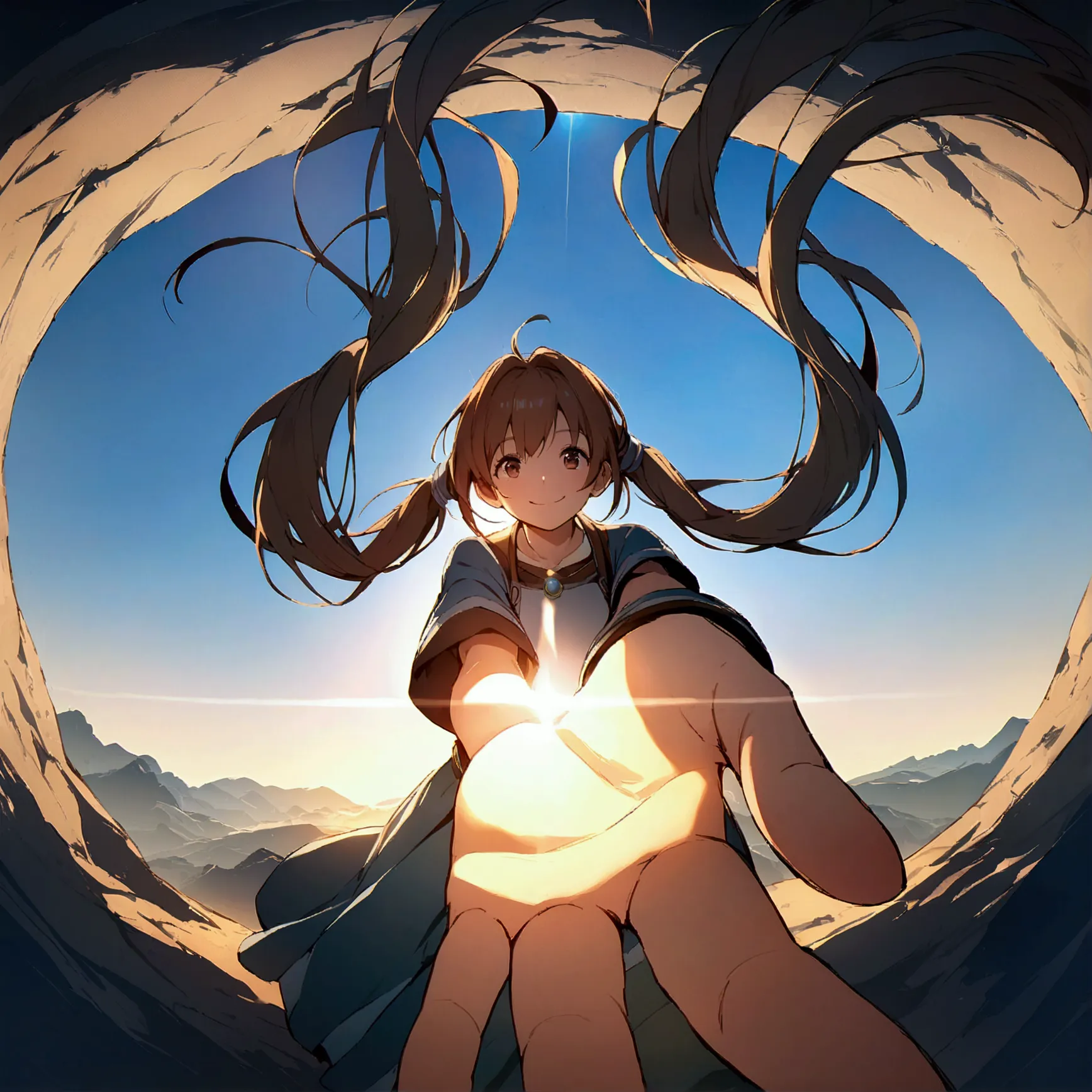 hairstyle: long twin tails、background is sky、high image quality、reaching out、atmospheric perspective、lens flare、blue sky、smile