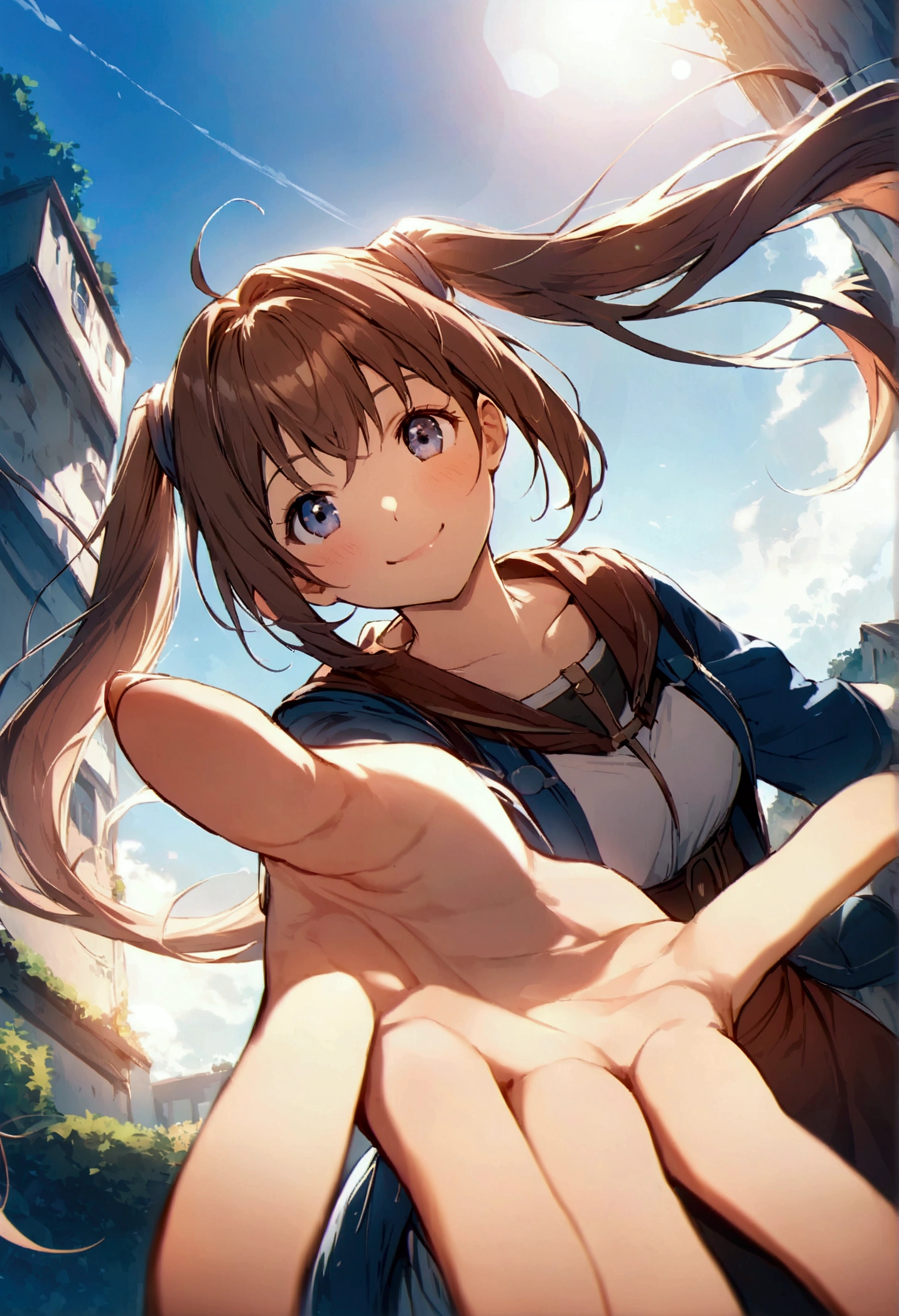 Hairstyle: Long twin tails、Background is sky、High image quality、Reaching out、Atmospheric Perspective、Lens Flare、blue sky、smile