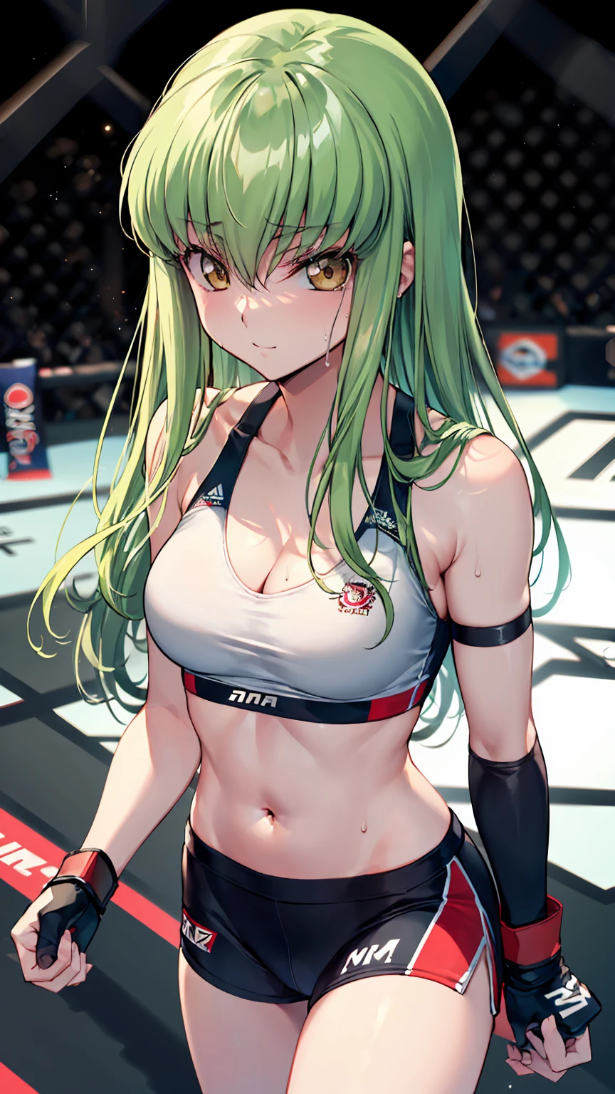 CC_Code Geass, Hair between the eyes, Very long hair 1 person, Bright light, evil smiling, alone, cowboy shot, winning pose, (masterpiece, Highest quality), 8k, Intricate details, (on MMA Arena :1.5), (wearing MMA uniform:1.5, white sports bra:1.5, black short spats:1.5, wearing MMA gloves:1.3, no sleeves), cleavage, belly button, slender body, slim,((Highest quality)), Sharp focus: 1.2, Highly detailed face, Highly detailed eye,Toned stomach,long legs, from front, looking at viewer, sweaty,