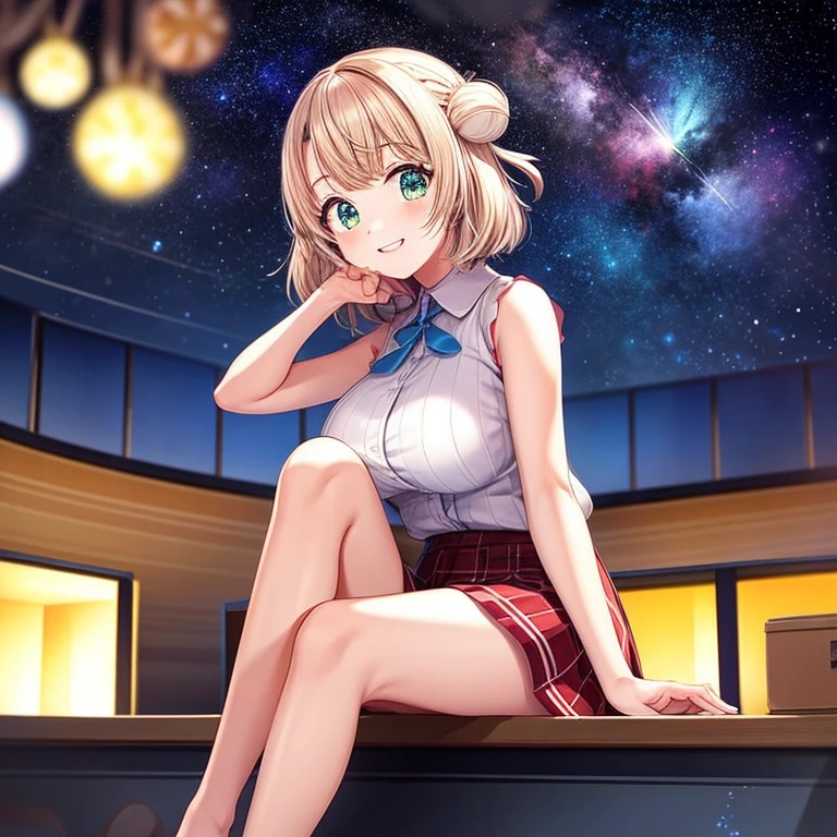 Alone、One Girl、Full body portrait、Sleeveless、Sitting、White skin，Large Breasts,,Starry Sky,milky way,Shooting Star,firework