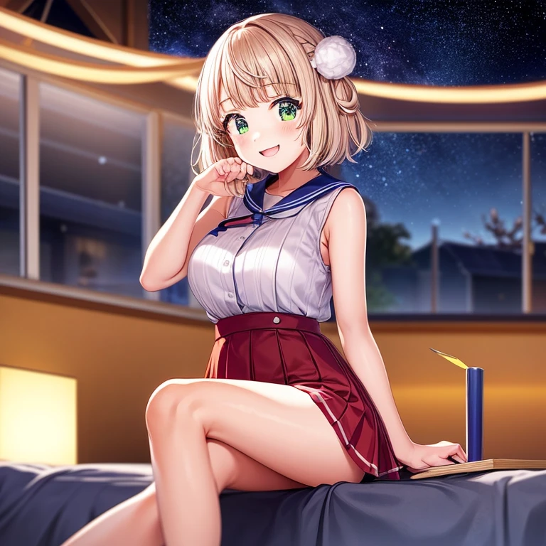 学校の机にSitting一人で、One Girl、Full body portrait、Sleeveless、Sitting、White skin，Large Breasts,,Starry Sky,milky way,Shooting Star,firework