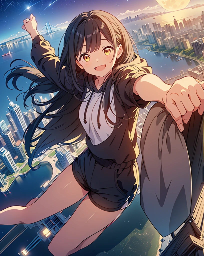 Best Quality, 32K, High resolution, masterpiece:1.5, One beautiful girl, Anime-style illustrations, ((From above at an angle:1.4)), Rich emotional expression, An exceptionally beautiful face, Perfect Human Anatomy, Big yellow eyes, ((Smile coolly:1.5)), Shiny black hair, Long hair swaying in the wind, Asymmetrical bangs, Hair between the eyes, Transparent, soft white skin, Detailed and cute lips, ((Black hoodie:1.1)), ((Shorts:1.3)), ((Overlooking the city stretching to the horizon:1.5)), Colorful illuminations, ((Starry sky and full moon:1.2)), ((On top of the tallest tower:1.3)), Beautifully detailed night sky, Mysterious