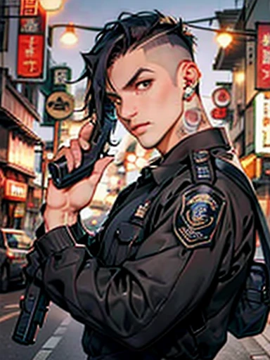 Ridiculous resolution，A high resolution，（tmasterpiece：1.4），Hyper-detailing，Young man，holding a pistol，routine patrol , Japanese Police officer, tokyo street, The expression is serious, glock17, solo