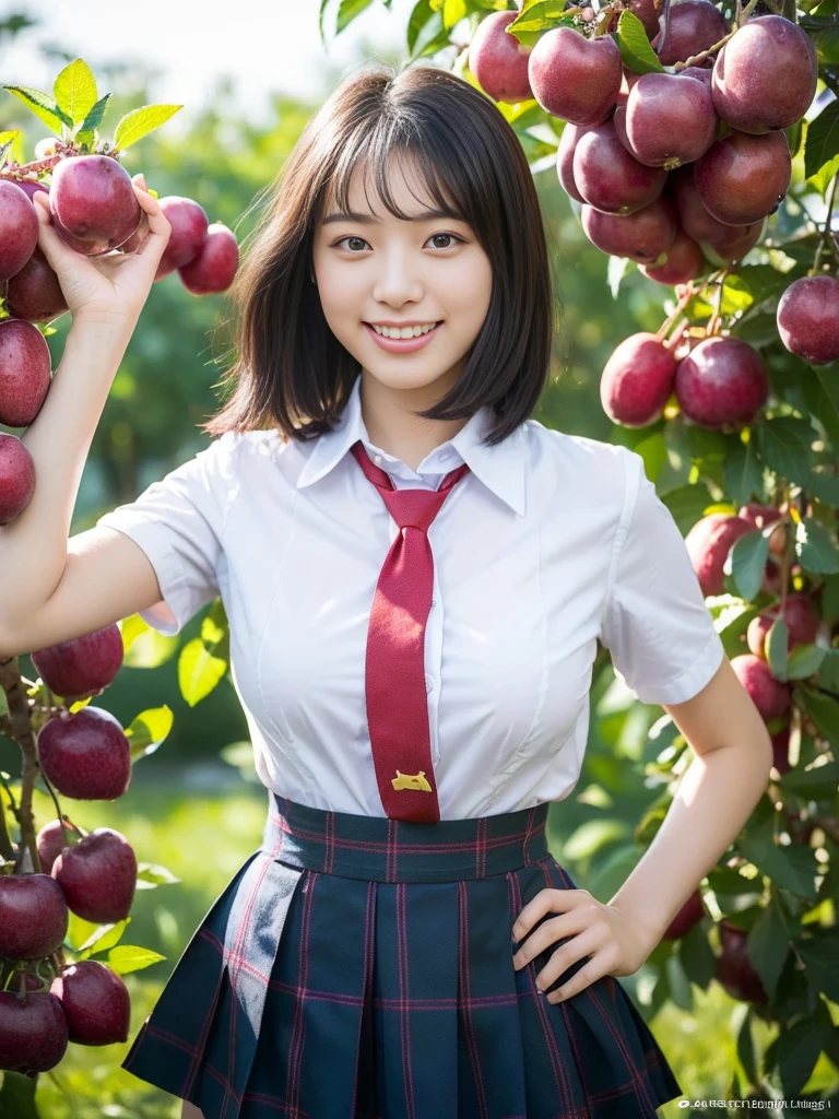 (A super cute Korean schoolgirl walking in the dazzling sunlight:1.2)(Laughing:1.2)((16k, RAW Photos, Best Quality, masterpiece: 1.2),(Her shiny, beautiful black bob hair sways softly in the wind.:1.1) Super detailed, Super Resolution, (Genuine, Genuine photos: 1.37), Portraiture, High-resolution RAW color photos, Professional photos, Very detailed, 8k wallpaper, Very detailed CG Unity 8k wallpaper, Very detailed beautiful girls, Very detailed faces, ((whole body)), beautiful woman, Huge breasts,(huge boobs:1.1) (Big Boobs:1.1), Beautiful schoolgirl (Cute school uniforms,School-designated summer short-sleeved shirt＆Red tie and shirt uniform),high school girl, Korean Girls,(K-POP Female Idols), (Idol-level beauty)(Beautiful high school girl:1.1)(Orchard)((Age 15)(Fruit picking date:1.2)(NSFW:1.2)Stuffing fruit into one&#39;s mouth