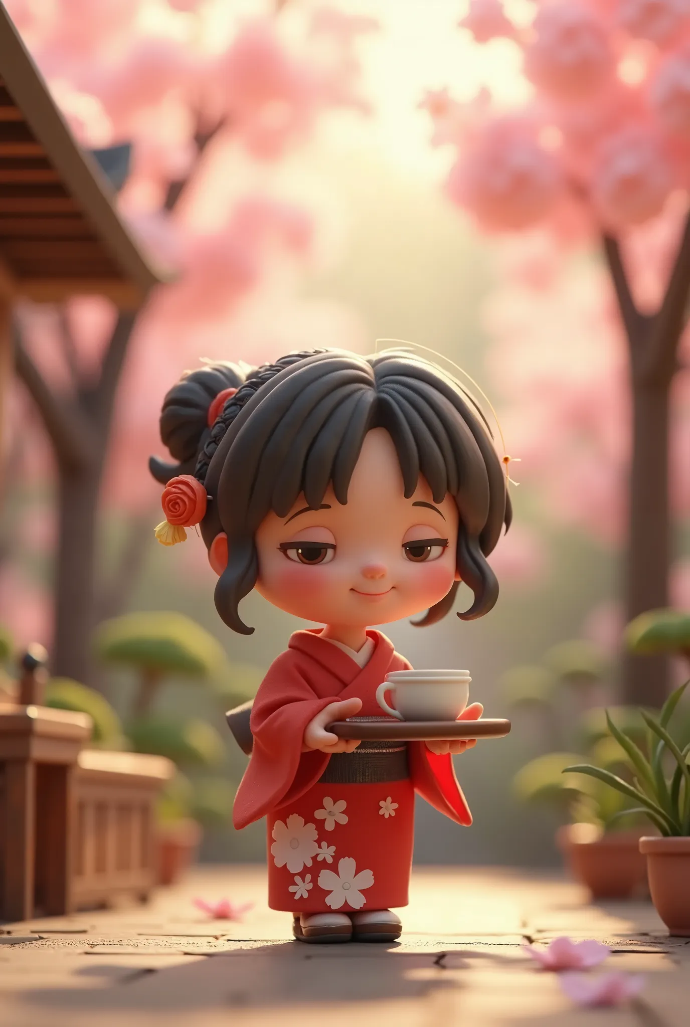 Digital art, cinematic composition, stop motion, clay animation, cute, a cute girl wearing kimono holding tray with a Japanese teacup, smirk, sunlight, Sakura trees, outside of a Japanese tea shop